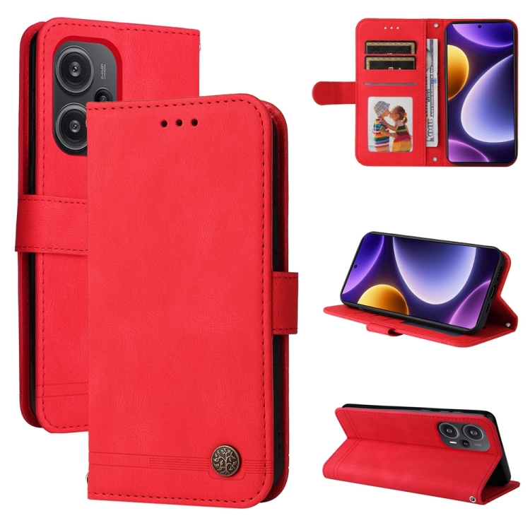 

For Xiaomi Redmi Poco F5 Skin Feel Life Tree Metal Button Leather Phone Case(Red)
