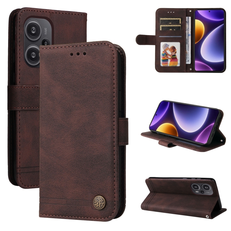 

For Xiaomi Redmi Poco F5 Skin Feel Life Tree Metal Button Leather Phone Case(Brown)