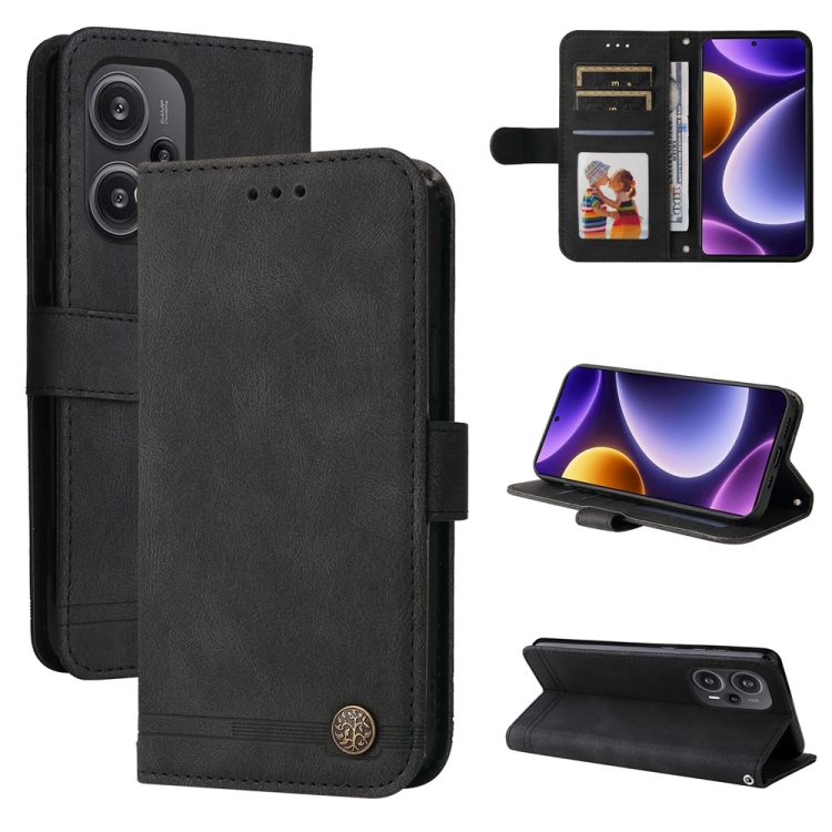 

For Xiaomi Redmi Poco F5 Skin Feel Life Tree Metal Button Leather Phone Case(Black)