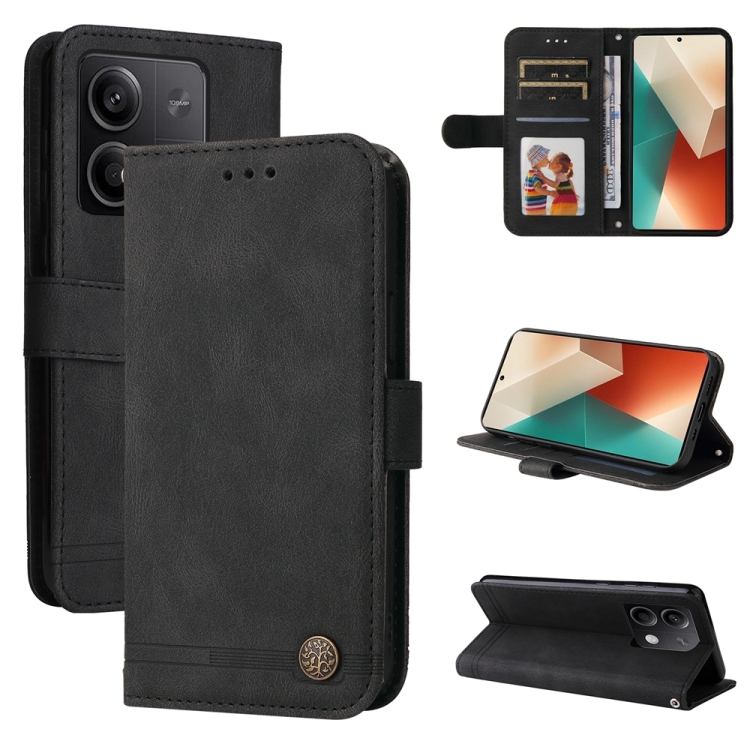 

For Xiaomi Redmi Note13 5G Global Skin Feel Life Tree Metal Button Leather Phone Case(Black)