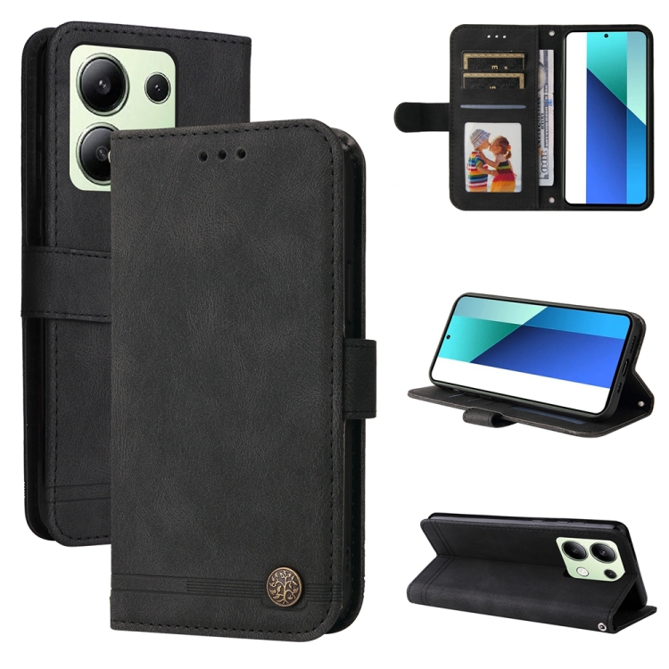 

For Xiaomi Redmi Note13 4G Skin Feel Life Tree Metal Button Leather Phone Case(Black)