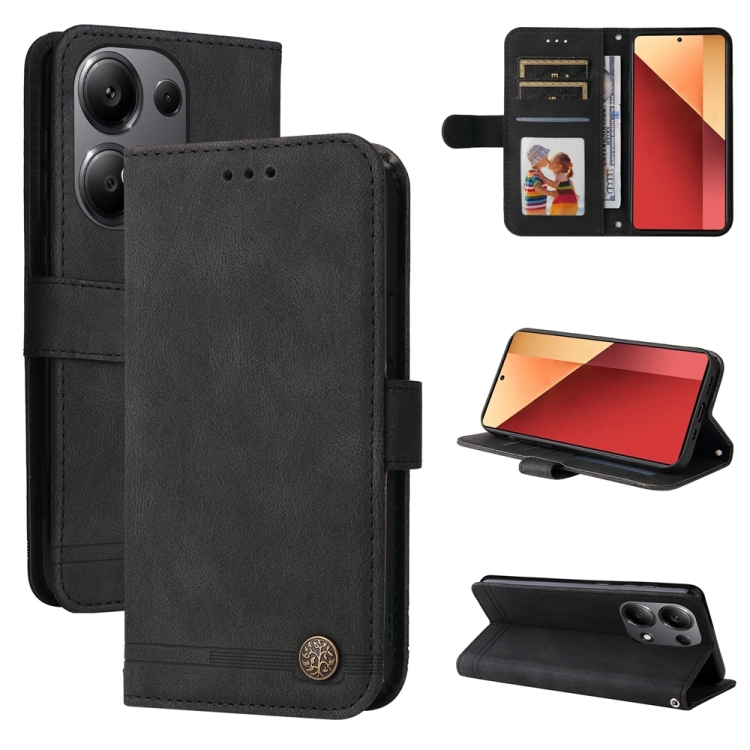 

For Xiaomi Redmi Note13 Pro 4G Global/Poco M6 Pro 4G Skin Feel Life Tree Metal Button Leather Phone Case(Black)