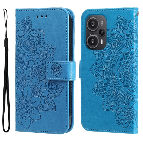 

For Xiaomi Redmi Poco F5 7-petal Flowers Embossing Leather Phone Case(Blue)