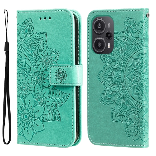 

For Xiaomi Redmi Poco F5 7-petal Flowers Embossing Leather Phone Case(Green)