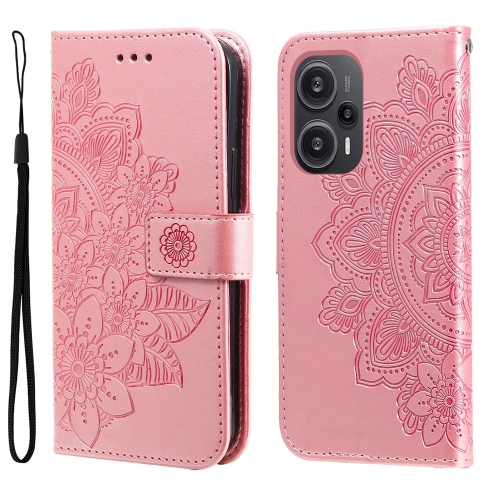 

For Xiaomi Redmi Poco F5 7-petal Flowers Embossing Leather Phone Case(Rose Gold)
