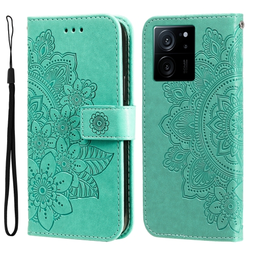 

For Xiaomi 13T / Redmi K60 Ultra 7-petal Flowers Embossing Leather Phone Case(Green)