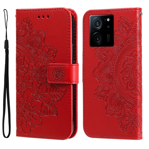 

For Xiaomi 13T / Redmi K60 Ultra 7-petal Flowers Embossing Leather Phone Case(Red)