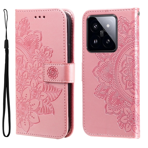 

For Xiaomi 14 Pro 7-petal Flowers Embossing Leather Phone Case(Rose Gold)