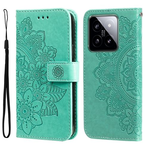 

For Xiaomi 14 7-petal Flowers Embossing Leather Phone Case(Green)