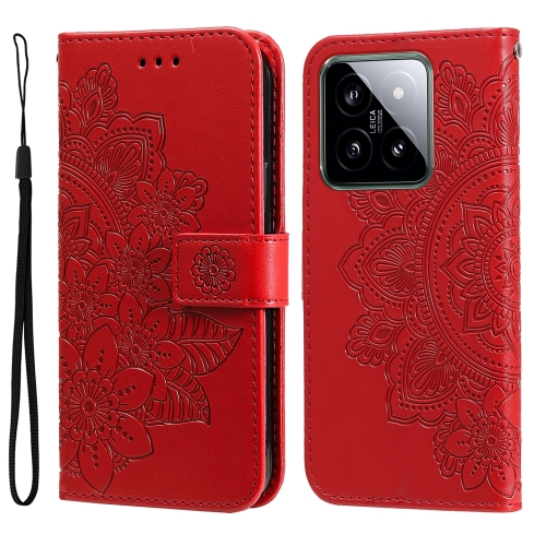 

For Xiaomi 14 7-petal Flowers Embossing Leather Phone Case(Red)