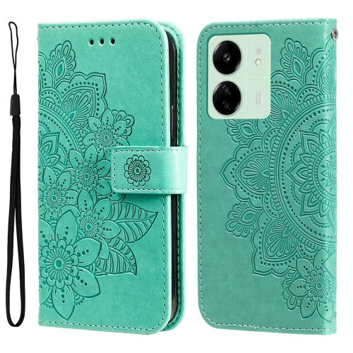 

For Xiaomi Redmi 13C 4G 7-petal Flowers Embossing Leather Phone Case(Green)