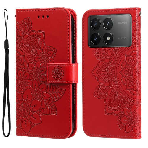 

For Xiaomi Redmi K70E 7-petal Flowers Embossing Leather Phone Case(Red)