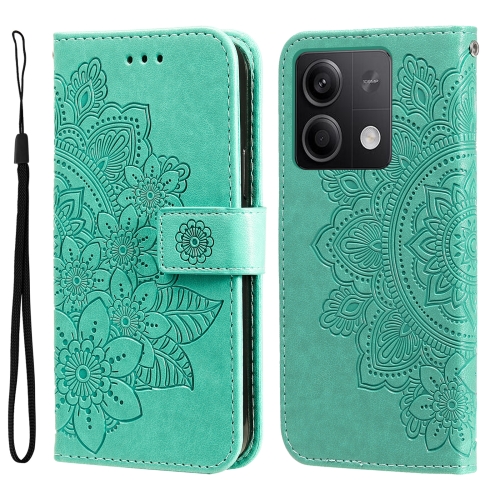 

For Xiaomi Redmi Note13 5G Global 7-petal Flowers Embossing Leather Phone Case(Green)
