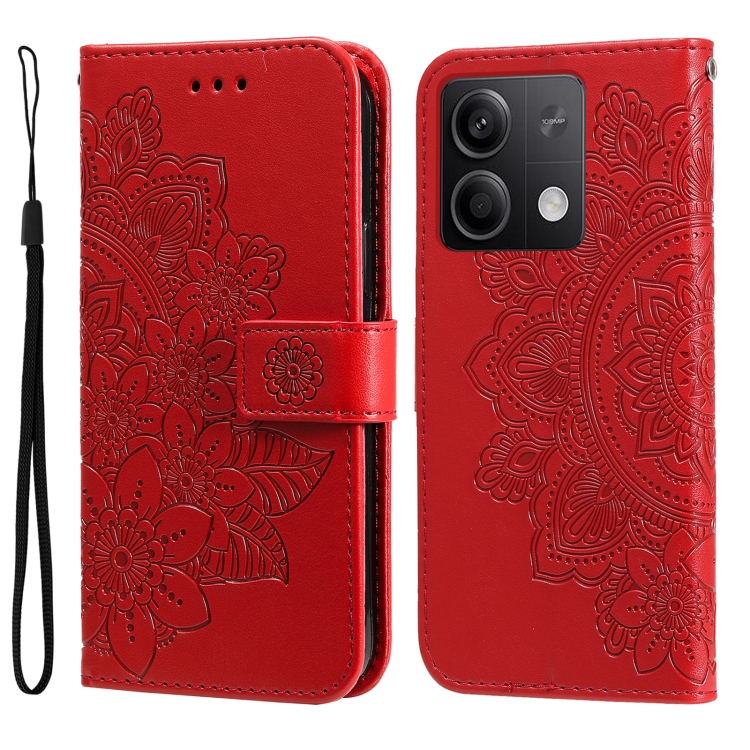 

For Xiaomi Redmi Note13 5G Global 7-petal Flowers Embossing Leather Phone Case(Red)