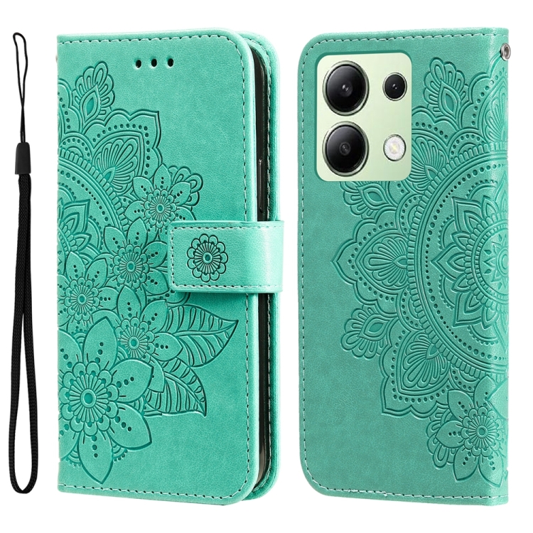 

For Xiaomi Redmi Note13 4G 7-petal Flowers Embossing Leather Phone Case(Green)