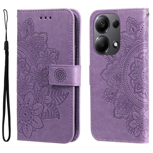 

For Xiaomi Redmi Note13 Pro 4G Global/Poco M6 Pro 4G 7-petal Flowers Embossing Leather Phone Case(Light Purple)