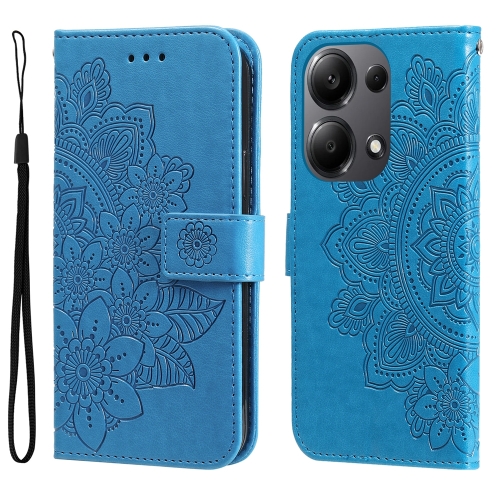 

For Xiaomi Redmi Note13 Pro 4G Global/Poco M6 Pro 4G 7-petal Flowers Embossing Leather Phone Case(Blue)