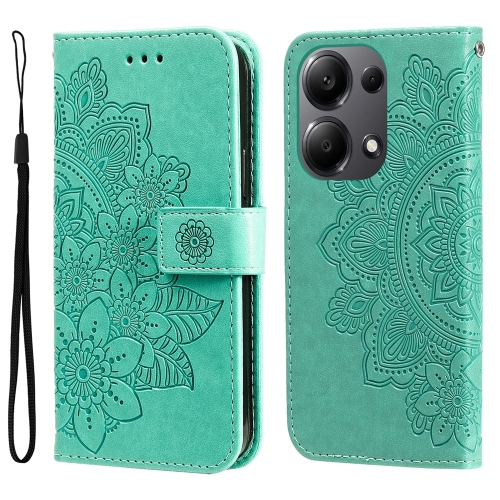 

For Xiaomi Redmi Note13 Pro 4G Global/Poco M6 Pro 4G 7-petal Flowers Embossing Leather Phone Case(Green)