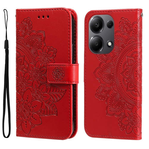 

For Xiaomi Redmi Note13 Pro 4G Global/Poco M6 Pro 4G 7-petal Flowers Embossing Leather Phone Case(Red)