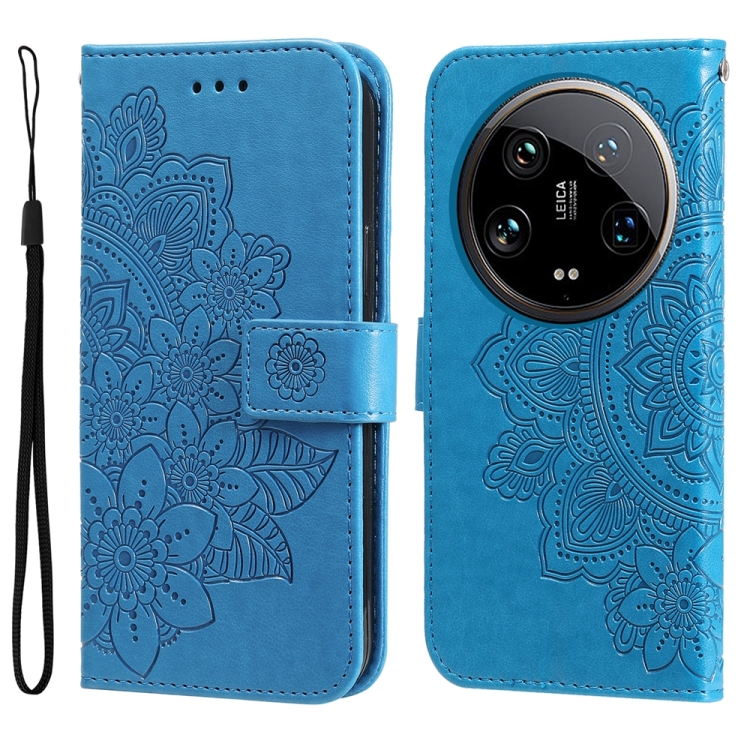 

For Xiaomi 14 Ultra 7-petal Flowers Embossing Leather Phone Case(Blue)