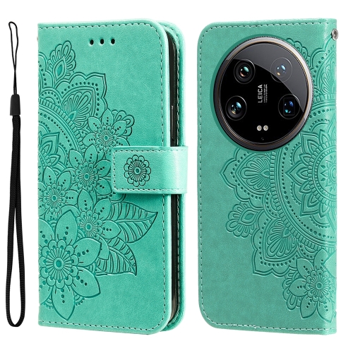 

For Xiaomi 14 Ultra 7-petal Flowers Embossing Leather Phone Case(Green)