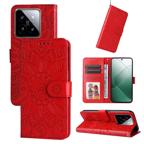 

For Xiaomi 14 Embossed Sunflower Leather Phone Case(Red)