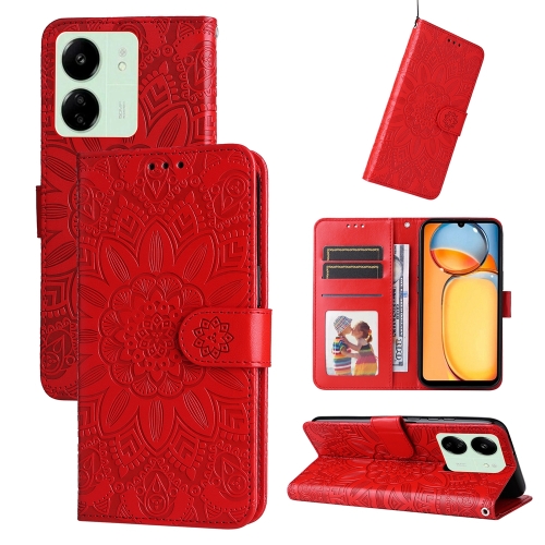 

For Xiaomi Redmi 13C 4G Embossed Sunflower Leather Phone Case(Red)