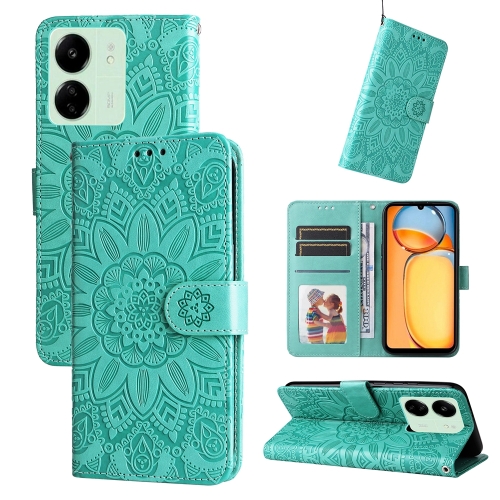 

For Xiaomi Redmi 13C 4G Embossed Sunflower Leather Phone Case(Green)