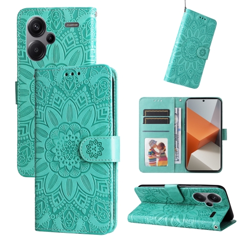 

For Xiaomi Redmi Note13 Pro+ 5G Global Embossed Sunflower Leather Phone Case(Green)