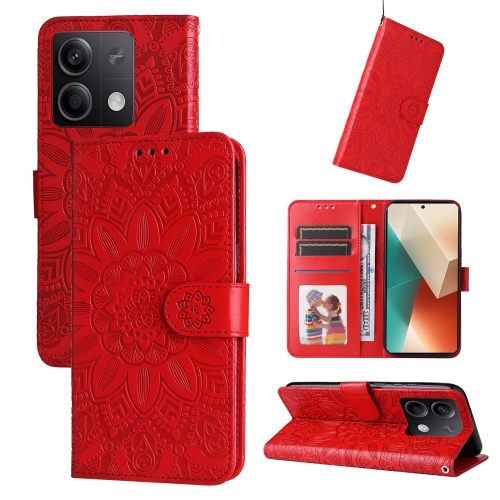 

For Xiaomi Redmi Note13 5G Global Embossed Sunflower Leather Phone Case(Red)