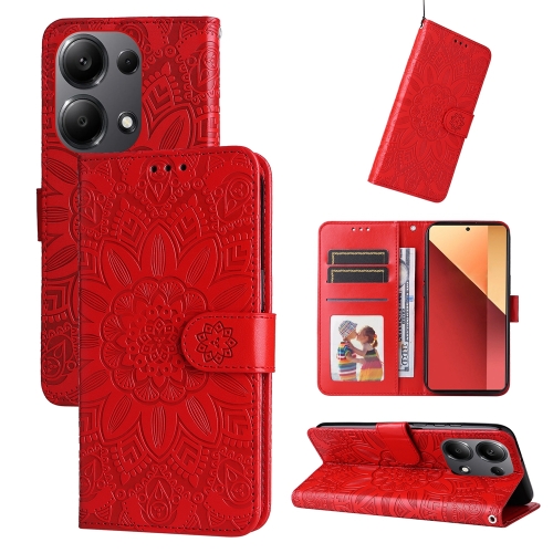 

For Xiaomi Redmi Note13 Pro 4G Global/Poco M6 Pro 4G Embossed Sunflower Leather Phone Case(Red)