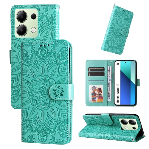 

For Xiaomi Redmi Note13 4G Embossed Sunflower Leather Phone Case(Green)