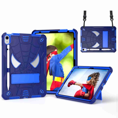 

For iPad 10th Gen 10.9 2022 Spider Texture Silicone Hybrid PC Tablet Case with Shoulder Strap(Navy Blue + Blue)