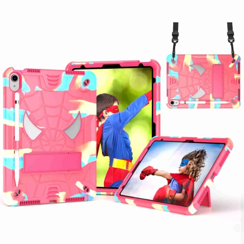 

For iPad 10th Gen 10.9 2022 Spider Texture Silicone Hybrid PC Tablet Case with Shoulder Strap(Camouflage + Rose Red)