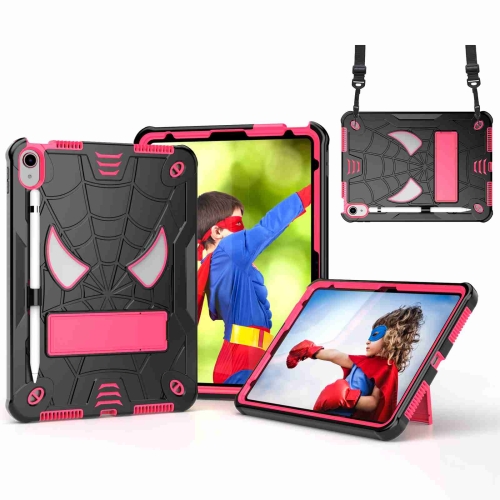 

For iPad 10th Gen 10.9 2022 Spider Texture Silicone Hybrid PC Tablet Case with Shoulder Strap(Black + Rose Red)