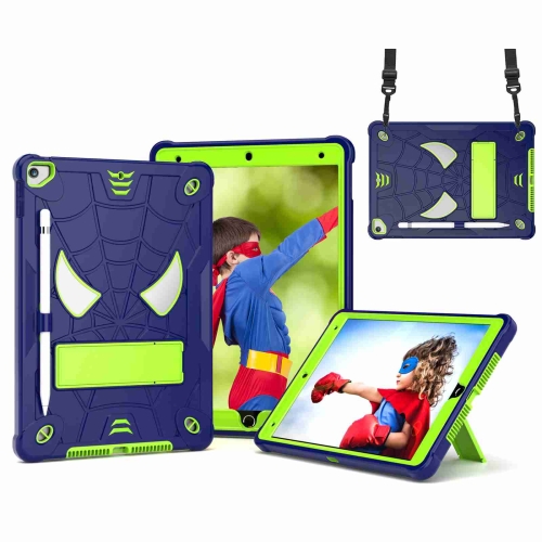 

For iPad 10.2 2021 / 2020 / 2019 Spider Texture Silicone Hybrid PC Tablet Case with Shoulder Strap(Navy Blue + Yellow Green)