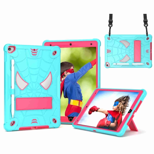 

For iPad 10.2 2021 / 2020 / 2019 Spider Texture Silicone Hybrid PC Tablet Case with Shoulder Strap(Mint Green + Rose Red)