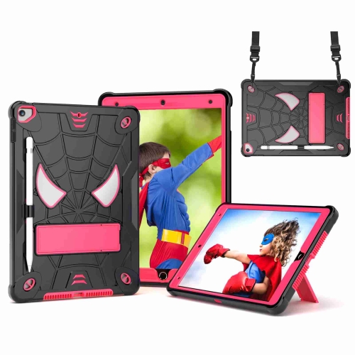 

For iPad 10.2 2021 / 2020 / 2019 Spider Texture Silicone Hybrid PC Tablet Case with Shoulder Strap(Black + Rose Red)