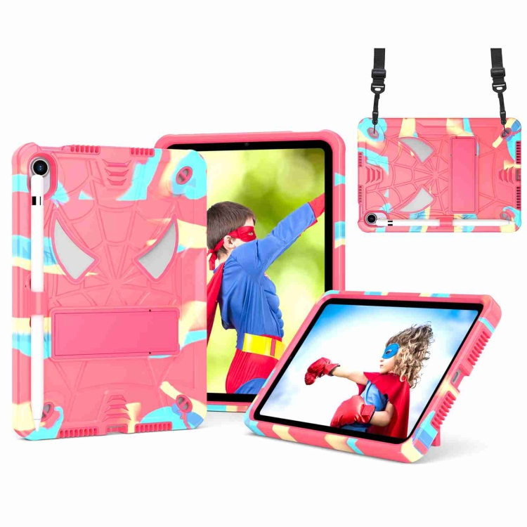 

For iPad mini 6 Spider Texture Silicone Hybrid PC Tablet Case with Shoulder Strap(Camouflage + Rose Red)