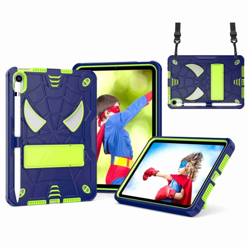 

For iPad mini 6 Spider Texture Silicone Hybrid PC Tablet Case with Shoulder Strap(Navy Blue + Yellow Green)