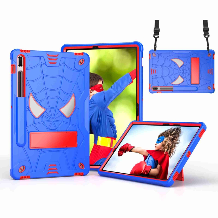 

For Samsung Galaxy Tab S7 FE / S7+ / S8+ Spider Texture Silicone Hybrid PC Tablet Case with Shoulder Strap(Blue + Red)