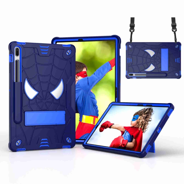 

For Samsung Galaxy Tab S7 FE / S7+ / S8+ Spider Texture Silicone Hybrid PC Tablet Case with Shoulder Strap(Navy Blue + Blue)