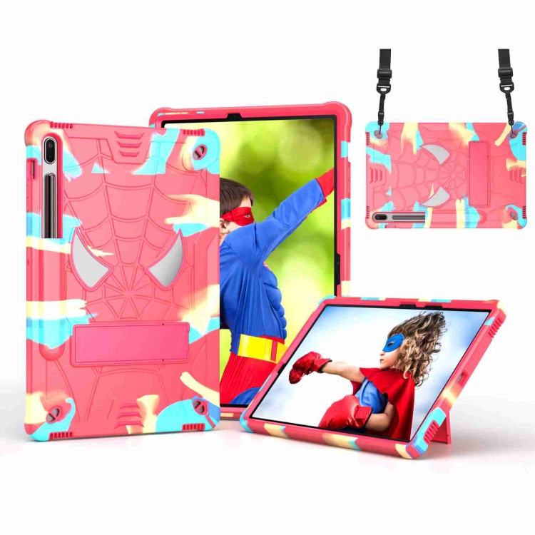 

For Samsung Galaxy Tab S7 FE / S7+ / S8+ Spider Texture Silicone Hybrid PC Tablet Case with Shoulder Strap(Camouflage + Rose Red)