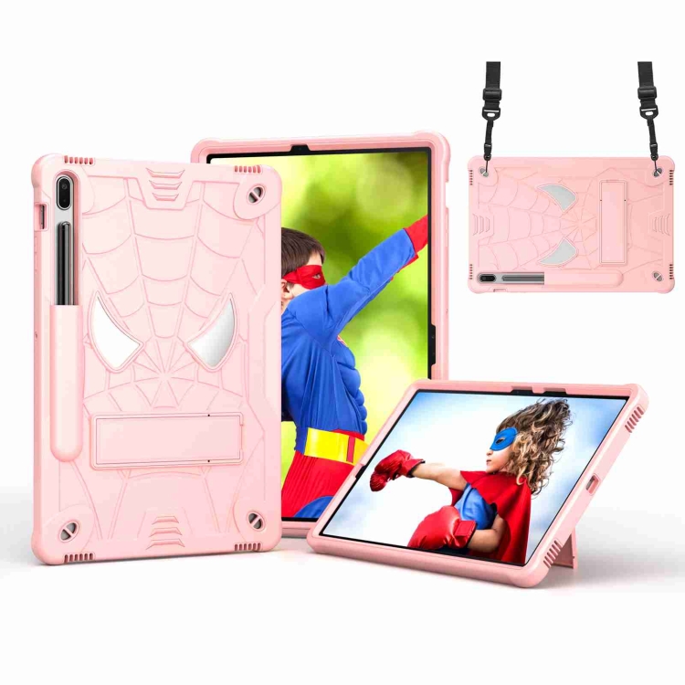 

For Samsung Galaxy Tab S7 FE / S7+ / S8+ Spider Texture Silicone Hybrid PC Tablet Case with Shoulder Strap(Rose Gold)