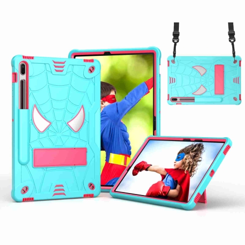 

For Samsung Galaxy Tab S7 FE / S7+ / S8+ Spider Texture Silicone Hybrid PC Tablet Case with Shoulder Strap(Mint Green + Rose Red)