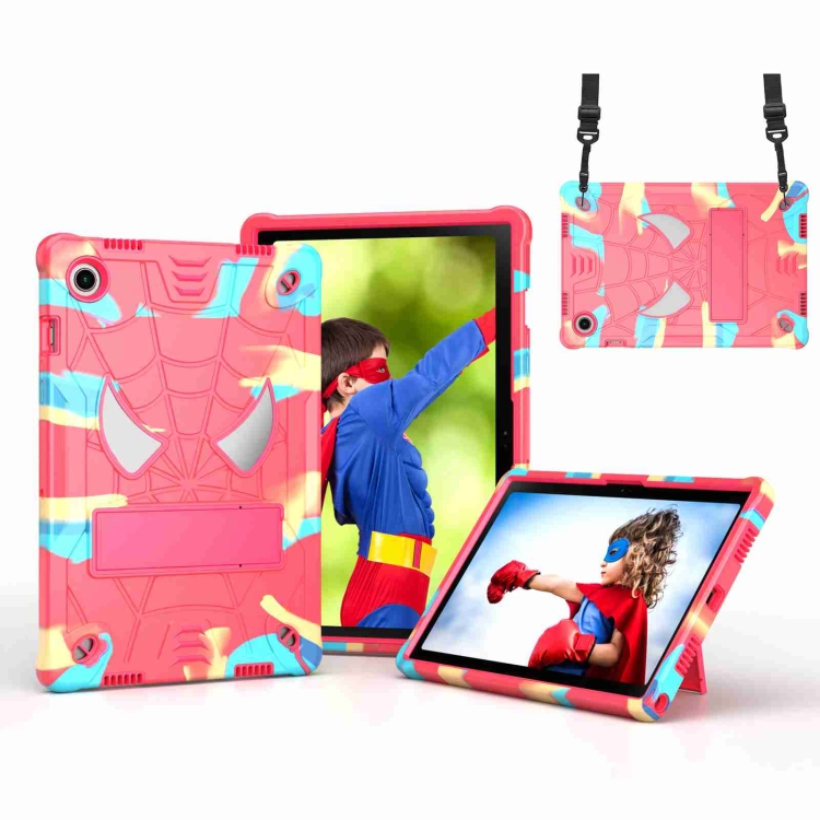 

For Samsung Galaxy Tab A8 10.5 2021 Spider Texture Silicone Hybrid PC Tablet Case with Shoulder Strap(Camouflage + Rose Red)