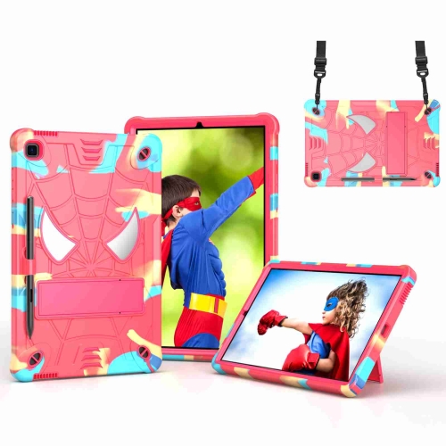 

For Samsung Galaxy Tab S6 Lite P610 Spider Texture Silicone Hybrid PC Tablet Case with Shoulder Strap(Camouflage + Rose Red)