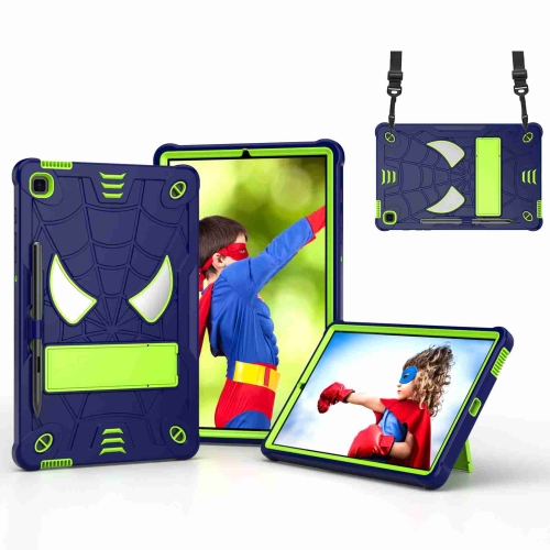 

For Samsung Galaxy Tab S6 Lite P610 Spider Texture Silicone Hybrid PC Tablet Case with Shoulder Strap(Navy Blue + Yellow Green)