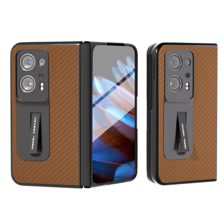 

For OPPO Find N2 Carbon Fiber Texture Integrated Protective Phone Case with Holder(Dark Brown)