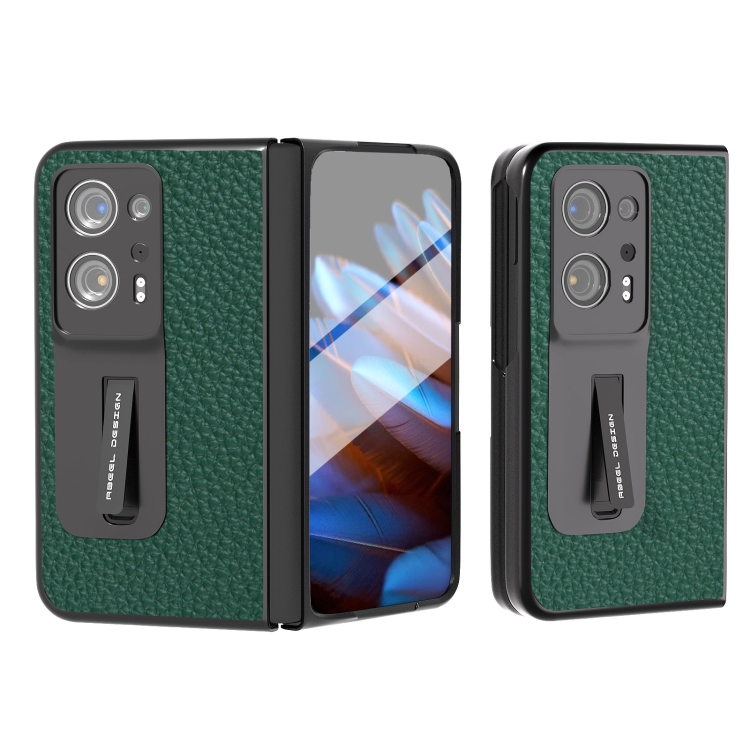 

For OPPO Find N2 Integrated Genuine Leather Litchi Texture Phone Case with Holder(Green)